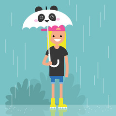 Young smiling female character holding an umbrella with panda muzzle / flat editable vector illustration, clip art