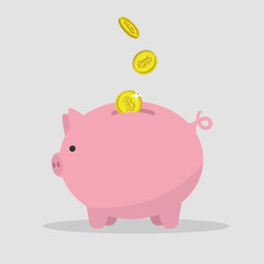 Bitcoins falling down in a piggy bank / flat editable vector illustration, clip art