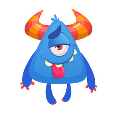 Cartoon cool blue monster. Vector illustration of horned monster with pleased and satisfied expression. Halloween illustration