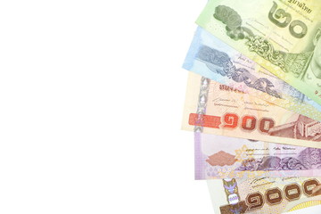 Isolated multi color of Thai bank note order by value of banknote on white background. Have copy space for put text.