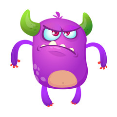 Angry cartoon monster. Violet horned troll or goblin with angry expression. Halloween  vector illustration