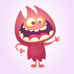 Vector cartoon image of funny red devil monster with standing and frightening on a white background. Vector cartoon illustration of monster for Halloween