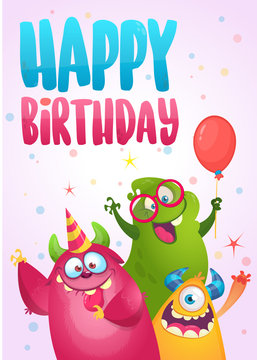 Vector birthday card with cute funny monsters in cartoon style. Design for poster or print decoration