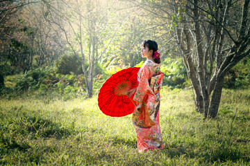 Beautiful woman wearing a red kimono Japanese traditional dress