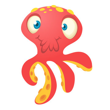 Cute red octopus cartoon. Vector isolated