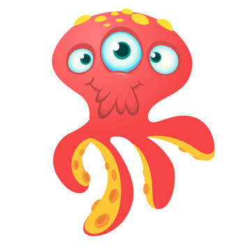 Cute red octopus alien monster cartoon. Halloween vector illustration isolated