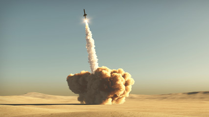 rocket start from desert 3d illustration © alexyz3d