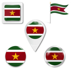 Set of icons of the national flag of Suriname in different designs on a white background. Realistic vector illustration. Button, pointer and checkbox.