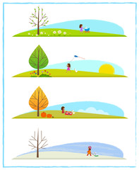 Fototapeta na wymiar Four Season Clip art - Cute clip art of the four season cycle, with a little girl and her goose. Eps10