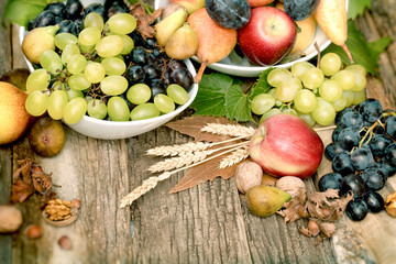 Fresh organic seasonal fruit, autumn fruit - autumn harvest on rustic table