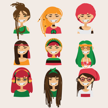 Vector set with lovely rastafarian girls characters. Heads with different hairstyle, color and accessories.