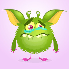 Cartoon green monster crying. Vector illustration of furry round monster. Monster emotions