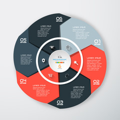 Vector infographic of round white forms and color segments cut from paper with text and white icons with long shadows on the gradient gray background.