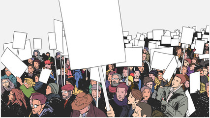 Illustration of people protesting with blank signs and banners 