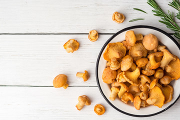 Raw mushrooms chanterelle in plate on white wooden background.