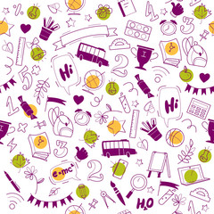 Vector seamless pattern with doodle school supplies isolated on white background. Line art. Linear back to school elements design. Good for banner, packaging paper. Outline isolated education objects.