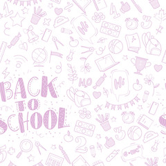 Vector seamless pattern with doodle school supplies isolated on white background. Line art. Linear back to school elements design. Good for banner, packaging paper. Outline isolated education objects.