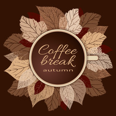 Vector Illustration. Cup of black hot coffee standing on autumn leaves lace in coffee colors.