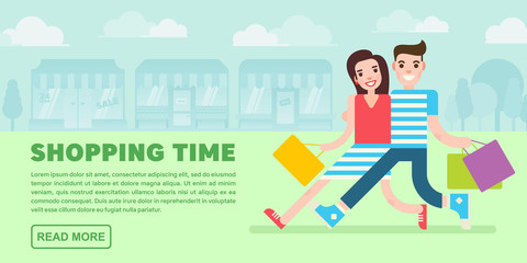 People shopping in a front of the set of the shops, restaurants and stores facade. Couple walking.