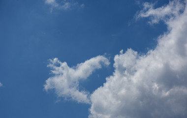 青空と雲「空想・雲のモンスターたち（モンキー顔のモンスターの顔の前で羽ばたく不死鳥などのイメージ）」“猿神（太陽神）”と不死鳥、暑さに負けない元気の源、太陽神と不死鳥、猛暑に打ち勝つ、夏バテしないなどのイメージ