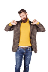 portrait of bearded business man yawning. emotions, facial expressions, feelings, body language, signs. image on a white studio background.