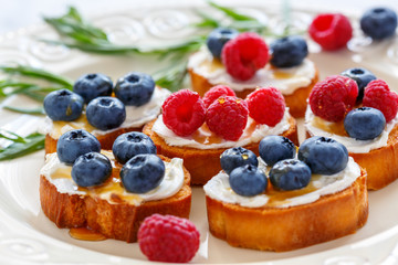 Crostini with young cheese, berries and honey closeup.