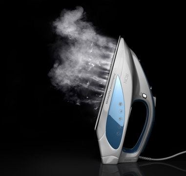 Home appliance. Iron with water steam on a black background. 3d illustration