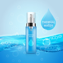 Bottle of moisturizing thermal water. Ads vector background template