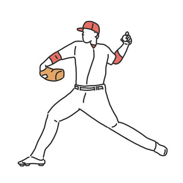 Baseball player and softball player, line drawing. hand drawn. vector illustration.