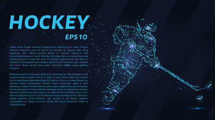 Naklejka premium A hockey game consists of points. Particles in the form of a hockey player on a dark background. Vector illustration. Graphic concept of hockey