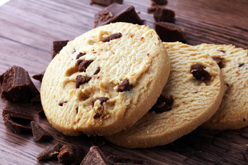 Chocolate chip cookies on table freshly baked