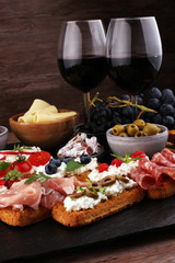 Italian antipasti wine snacks set. Cheese variety, Mediterranean