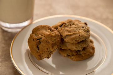 Chocolate chip  cookies with glass of milk