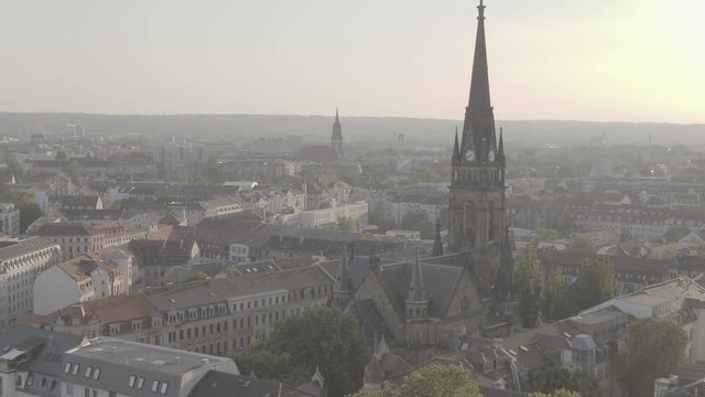 Drone flight over the ancient German city Dresden with view to the Martin Luther church, Dresden Neustadt, Saxony, log, 4K, aerial of the cityscape 