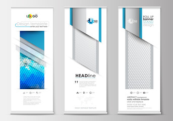 Set of roll up banner stands, flat design templates, geometric style, business concept, corporate vertical flyers. Abstract triangles, blue and gray triangular background, colorful polygonal vector.