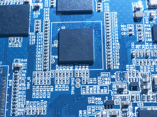 Electronic circuit chip board mother board computer CPU close up.