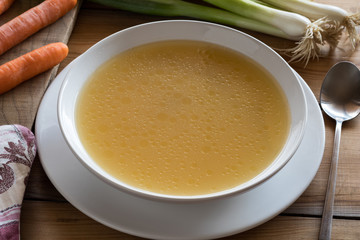 Bone broth made from chicken served in a plate