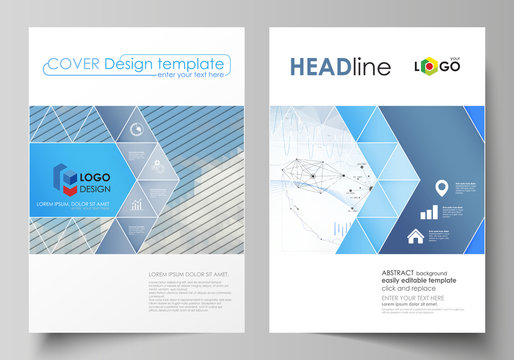 Business templates for brochure, flyer, annual report. Cover design template, vector layout in A4 size. Blue color abstract infographic background with lines, symbols, diagrams and other elements.