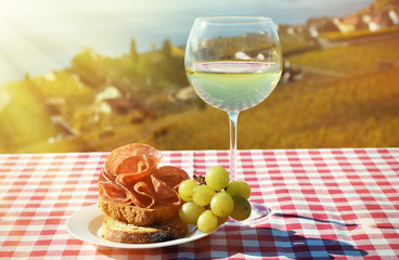 Wine and grapes. Lavaux region. Geneva lake, Switzerland
