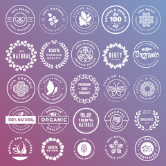 Collection of stickers and badges for natural cosmetics and beauty products. Vector illustrations on a stylized background, for cosmetics, healthcare, spa and wellness. 