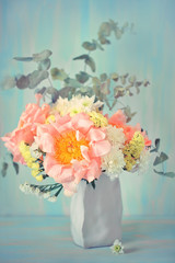 Lovely bunch of flowers.Close-up floral composition with a pink peonies. 