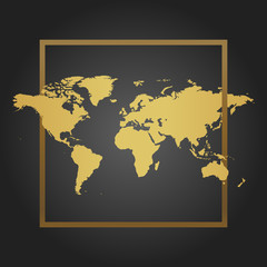 Golden Political World Map in black background with frame. Space for text and quotes. Vector Illustration