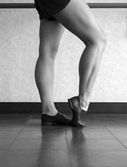 Black and white version of Jazz dancer feet, shoes, and legs