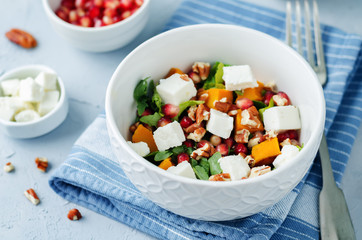 Pumpkin pomegranate pecan arugula goat cheese salad