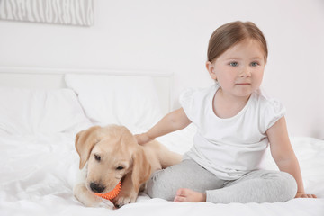 Cute child with Labrador Retriever on bed