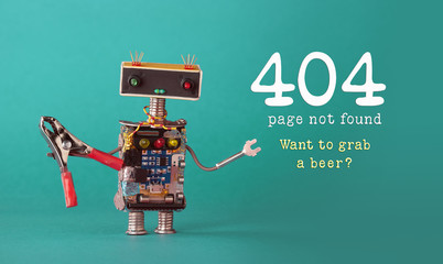 Error 404 page not found page. Friendly robot maintenance worker with red pliers, colorful head red...