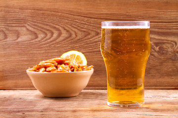 Glass of beer and shrimps. Beer and prawns