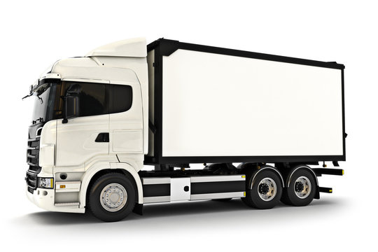 Generic white industrial transport truck on an isolated white background. Room for text or copy space. 3d rendering