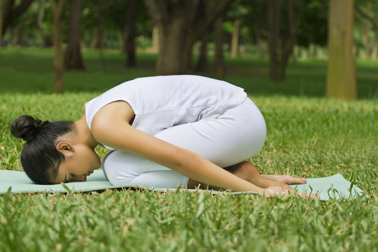Young woman doing yoga on a lawn 