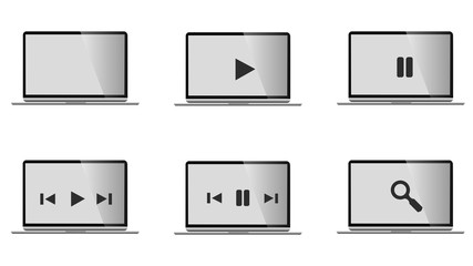 Ensemble d'ordinateurs portables noirs et blancs, modernes et réalistes avec options de lecture, films, séries et musiques